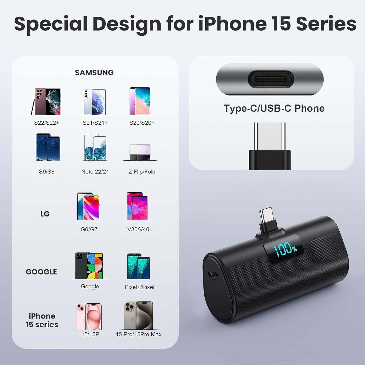 Cargador portátil pequeño de 5200 mAh, cargador de batería PD USB C mejorado con conector USB-C integrado, pantalla LCD, compatible con iPhone 1515