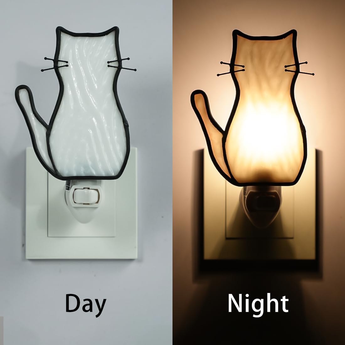 BOXCASA Luz nocturna de gato blanca con bombilla, lámpara de gato de vidrieras, luces nocturnas amarillas cálidas enchufables a la pared para sala