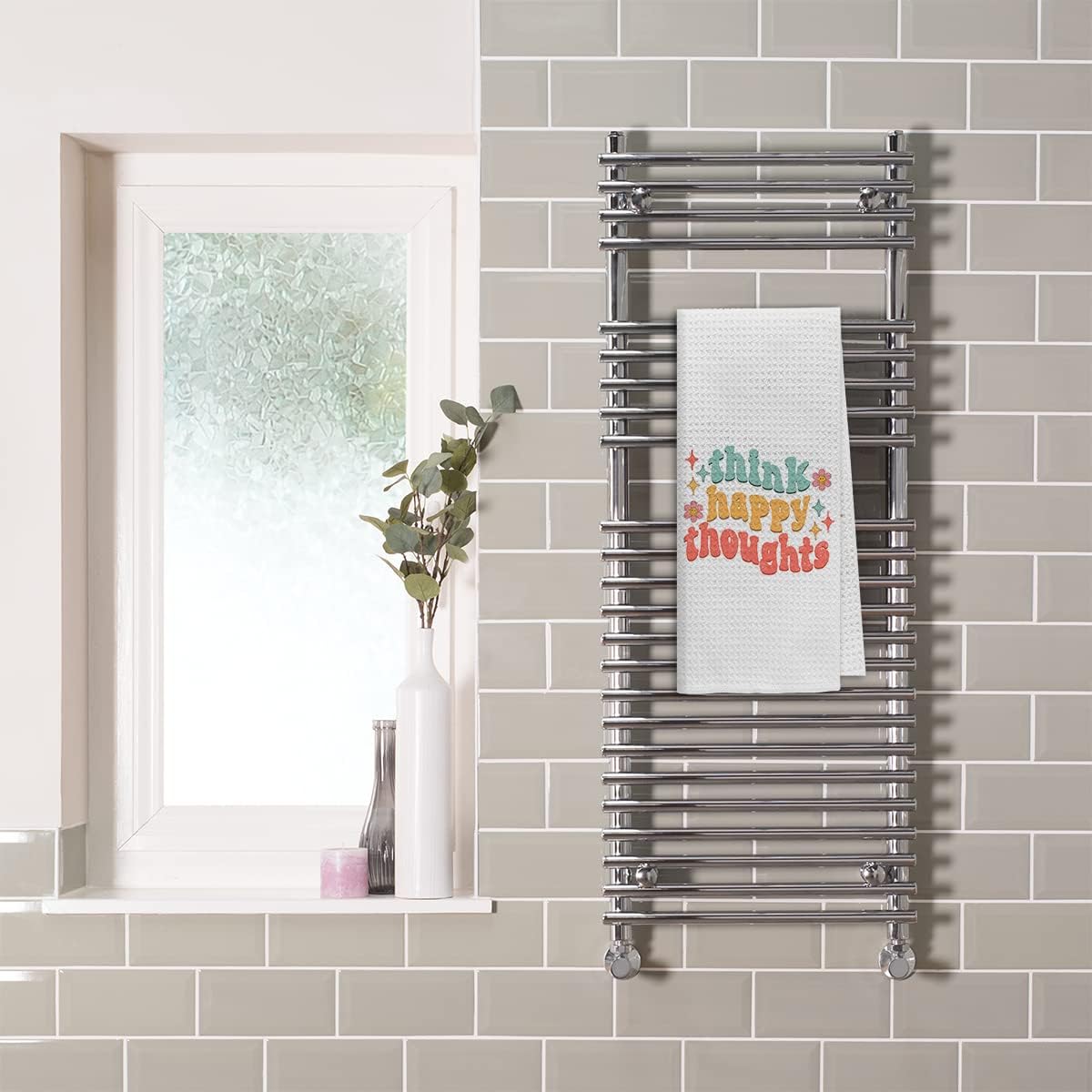 Paño de cocina con frase positiva Think Happy Thoughts, bohemio, retro, Groovy Daisy Smiley, cara sonriente, paños de cocina, paño de secado