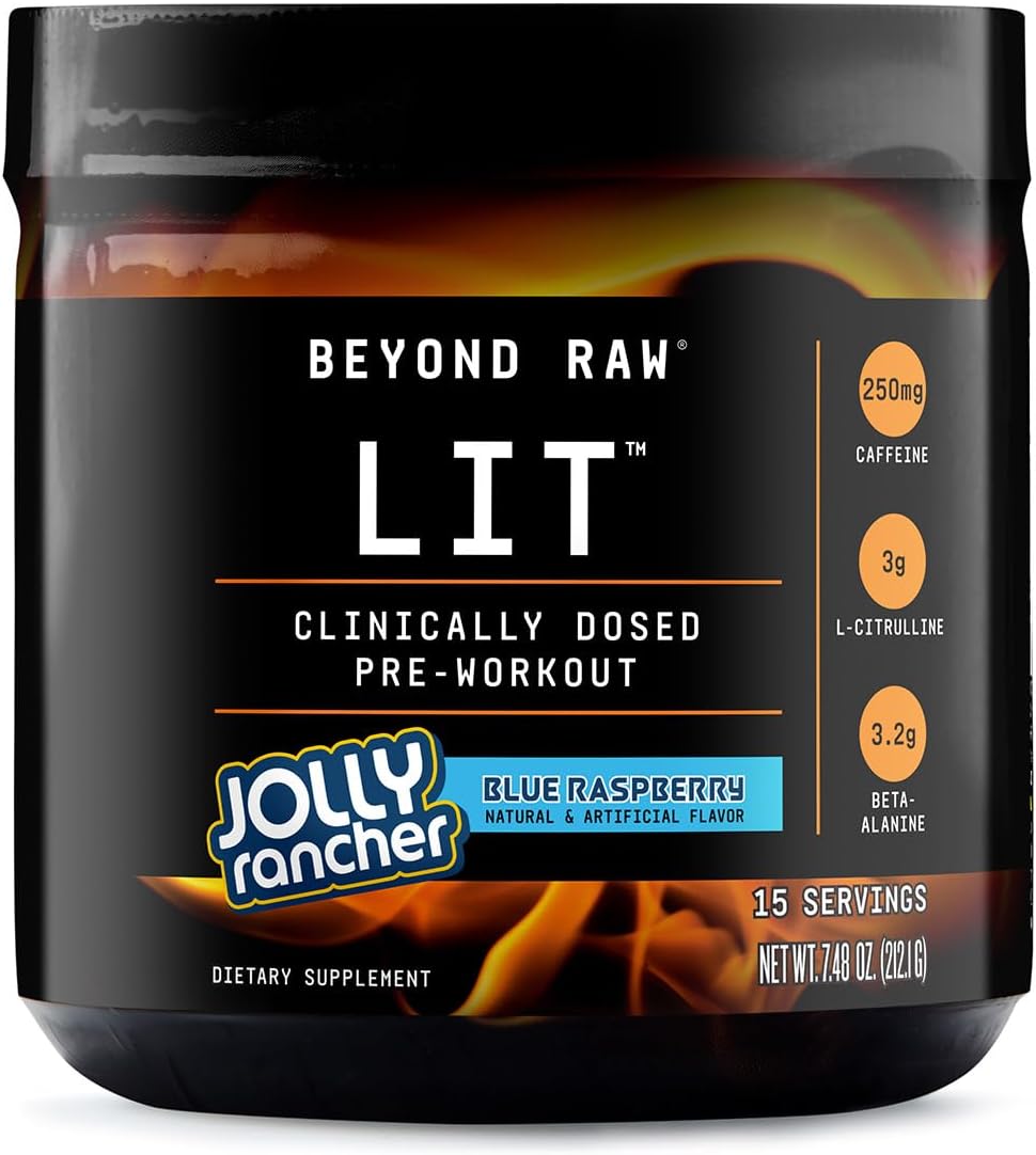BEYOND RAW LIT  Polvo de preentrenamiento dosificado clínicamente  Contiene cafeína, L-citrulina, beta-alanina y óxido nítrico  Jolly Rancher Blue