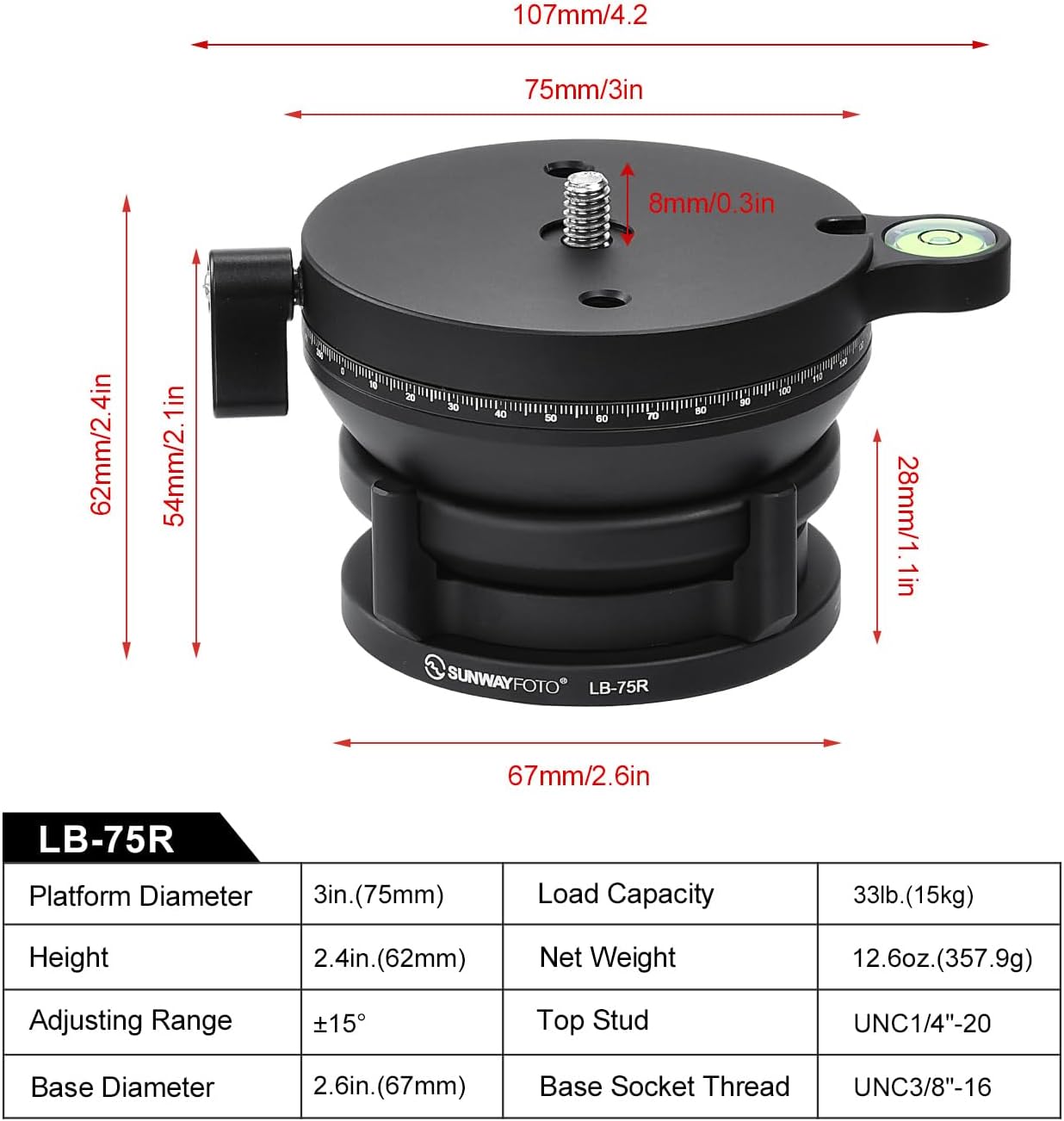 SUNWAYFOTO LB-75R 360 Base de nivelación panorámica Cabezal de trípode 33 lbs (15kg) Capacidad de carga