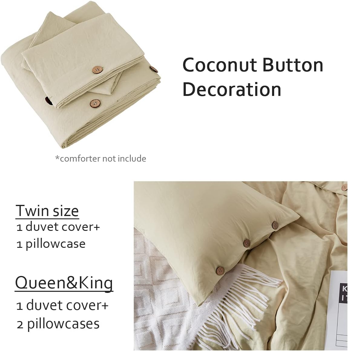 SunStyle Home Juego de funda de edredón beige tamaño individual con cierre de botones, 2 piezas de color liso, lujoso, ultra suave y agradable para