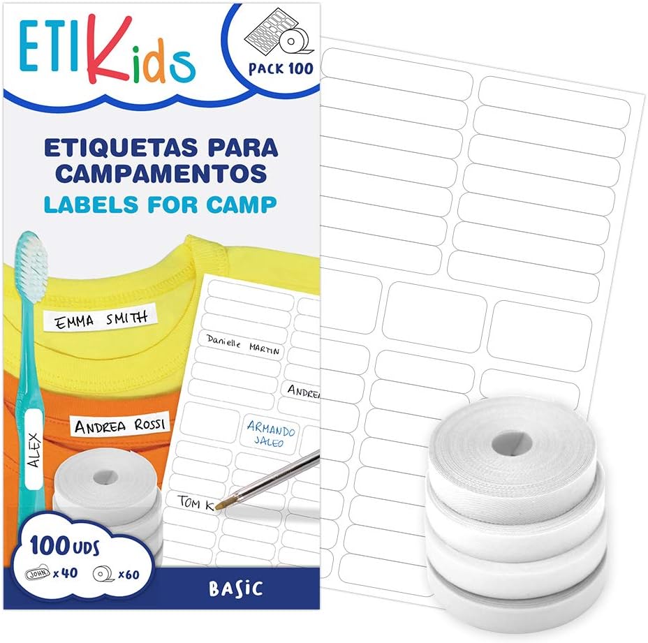 ETIKIDS – 40 etiquetas adhesivas y 25 etiquetas de tela termoadhesivas con iconos para niños, impermeables, resistentes a la lavadora y secadora,