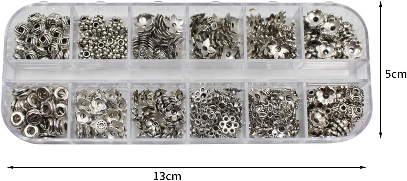 360 cuentas espaciadoras plateadas de metal en forma de flor, cuentas sueltas con caja de almacenamiento, accesorios para hacer joyas (plateado)