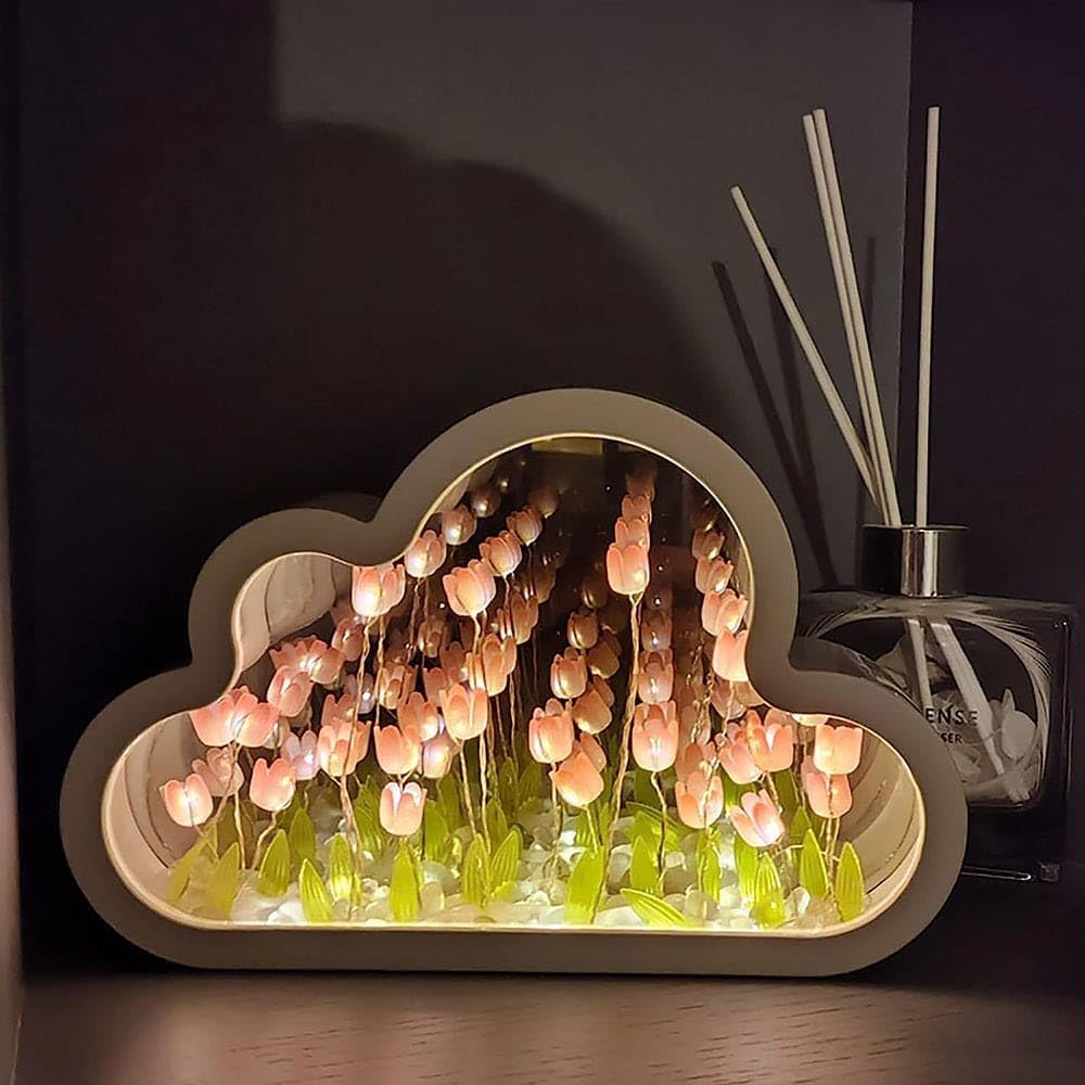 Infinite Petals Mirror  2024 Mejor espejo de nube LED, espejo infinito para bricolaje, luz de espejo de nube de tulipanes, crea un ambiente