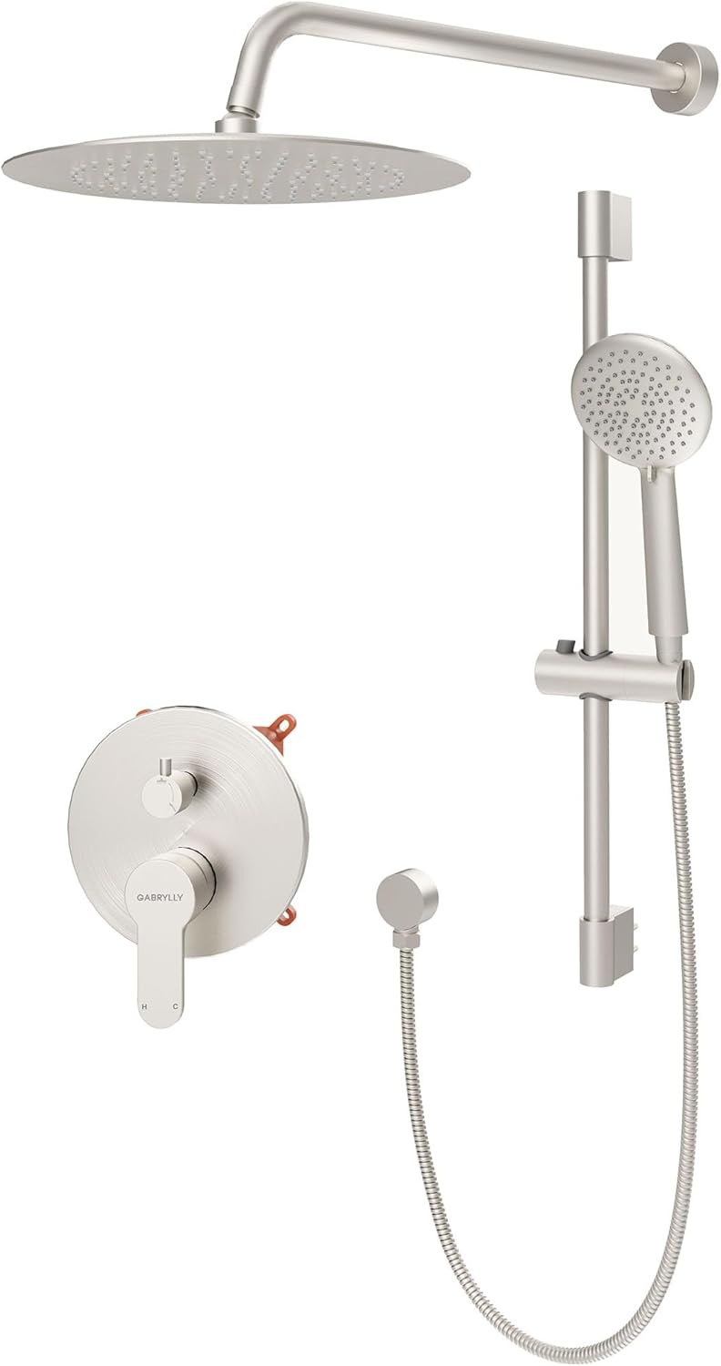 Gabrylly Sistema de ducha de níquel cepillado, juego de grifo de ducha de barra deslizante con cabezal de ducha de lluvia de alta presión de 10