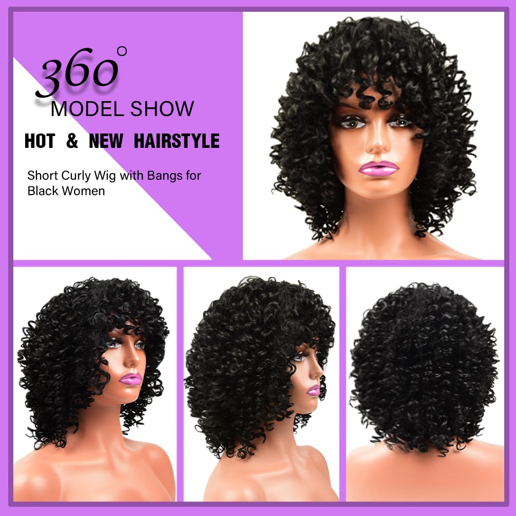 maxknow Pelucas rizadas para mujeres negras, peluca afro rizada esponjosa para mujer, peluca rizada negra suave con flequillo, pelucas sintéticas