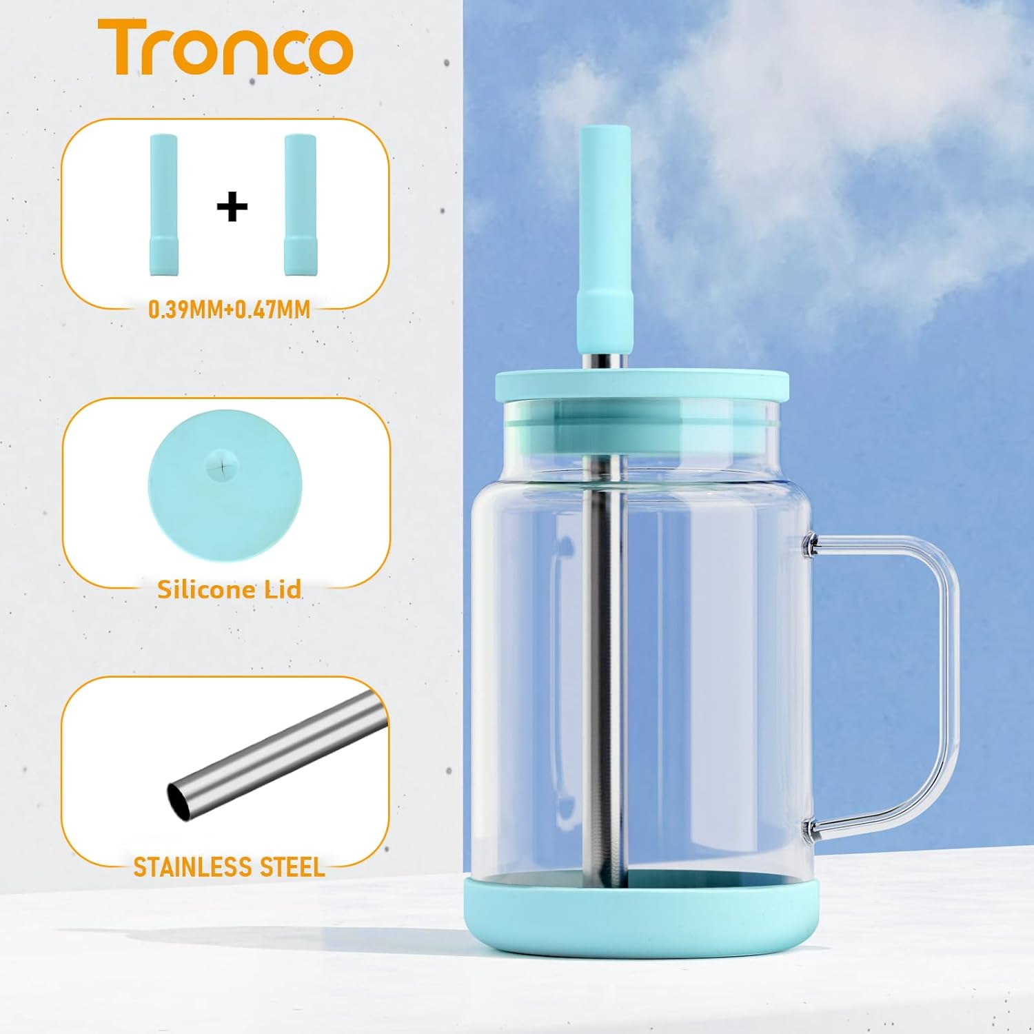 Tronco Vaso de vidrio de 22 onzas con asa, botellas de agua de vidrio con tapa de silicona y popote, taza de café helado reutilizable, café helado