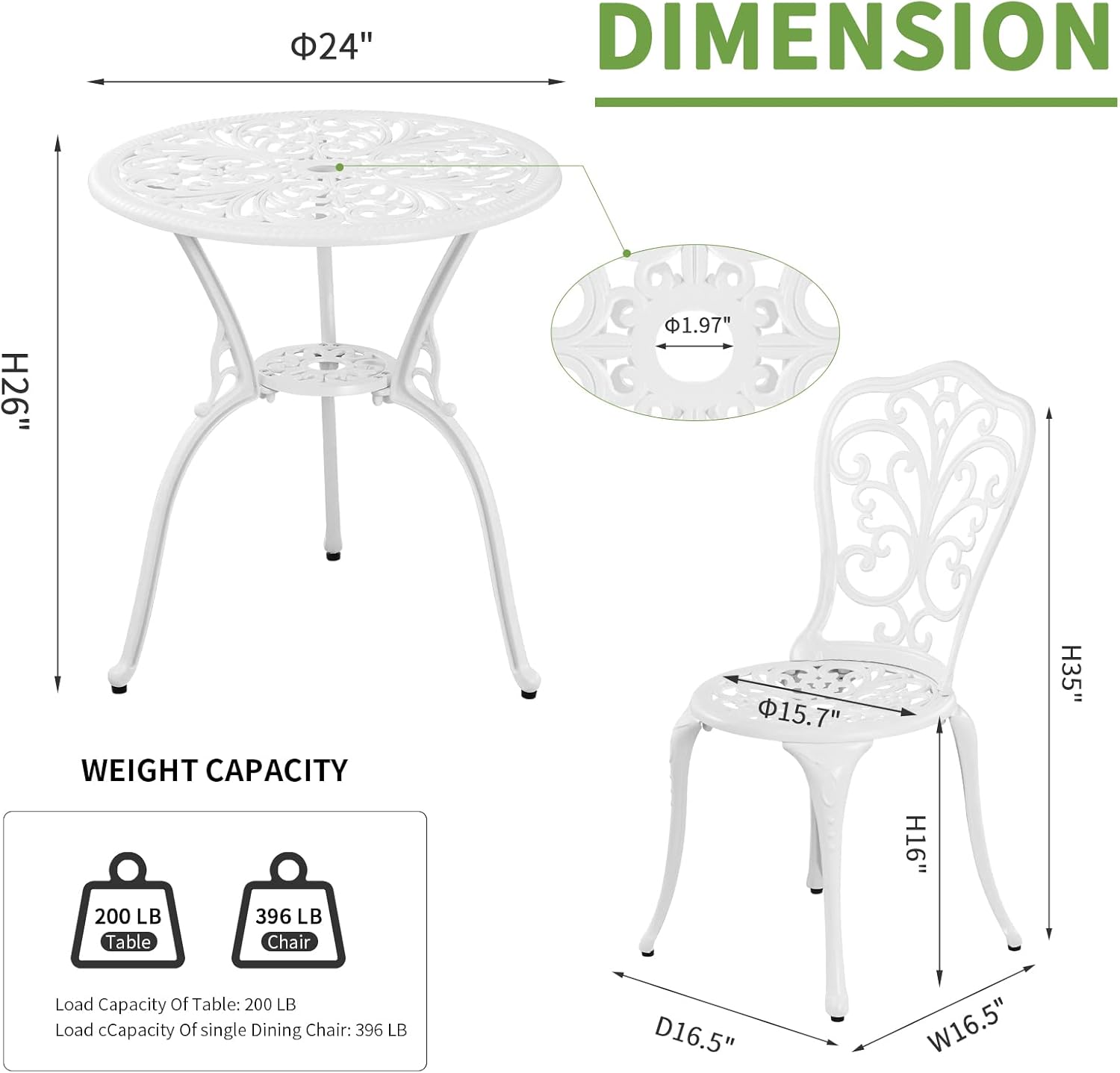 Bistro – Juego de 3 piezas de aluminio fundido para exteriores con agujero para paraguas, juego de mesa y sillas de bistró para todo tipo de clima,