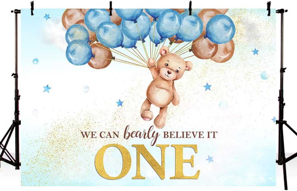 MEHOFOND Telón de fondo de oso de primer cumpleaños para niños, con texto en inglés We Can Bearly Believe It One Happy First Birthday, decoración de