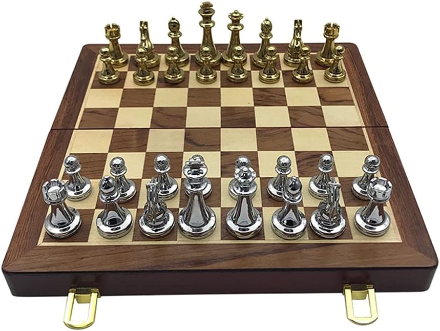 ROLTIN Piezas metálicas de ajedrez de madera maciza plegable tablero de ajedrez juegos de ajedrez