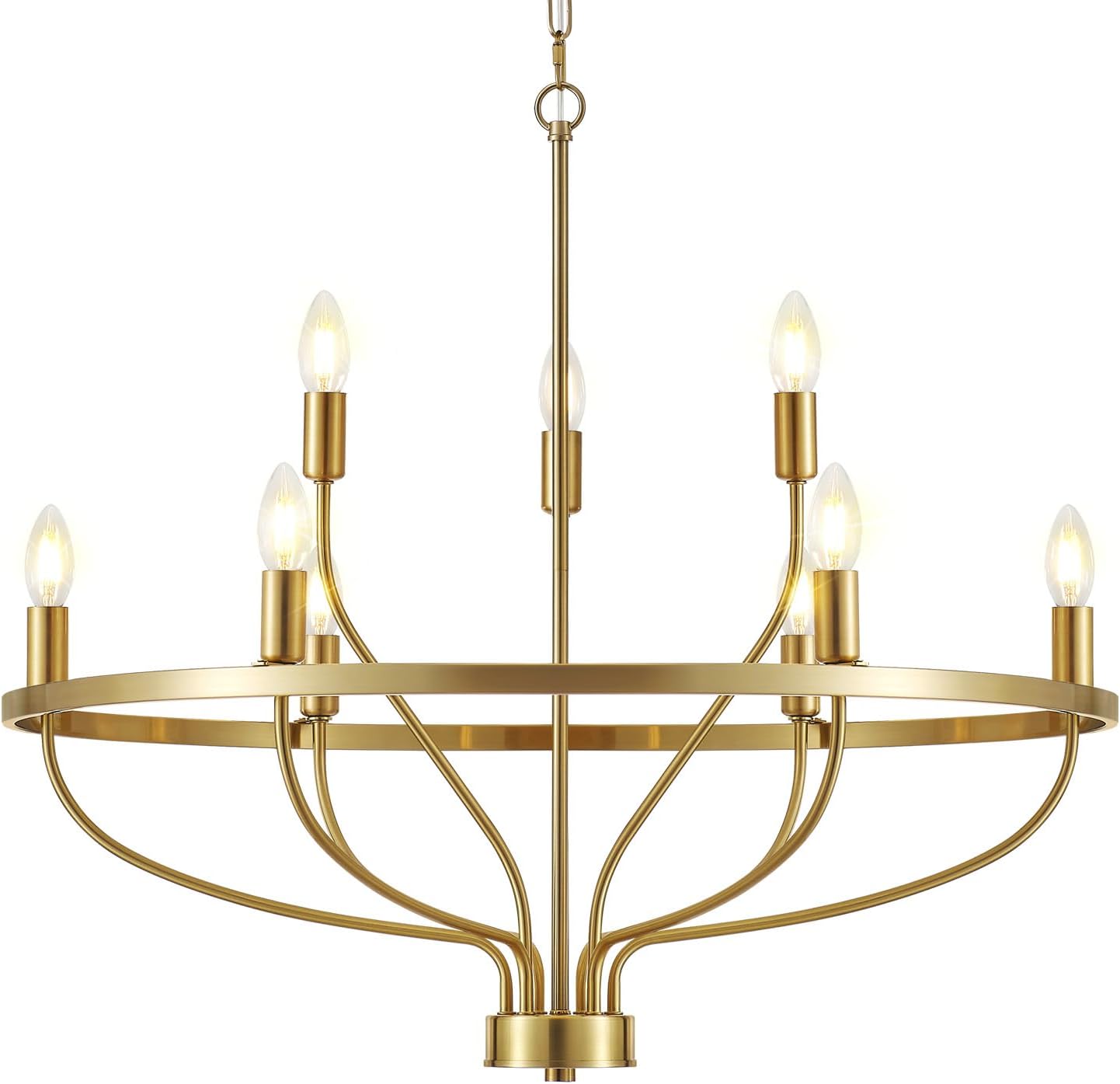 Moderno candelabro dorado de 9 luces, estilo vintage, de mediados de siglo, 30 pulgadas, estilo vela, moderno, rústico, para comedor, isla de