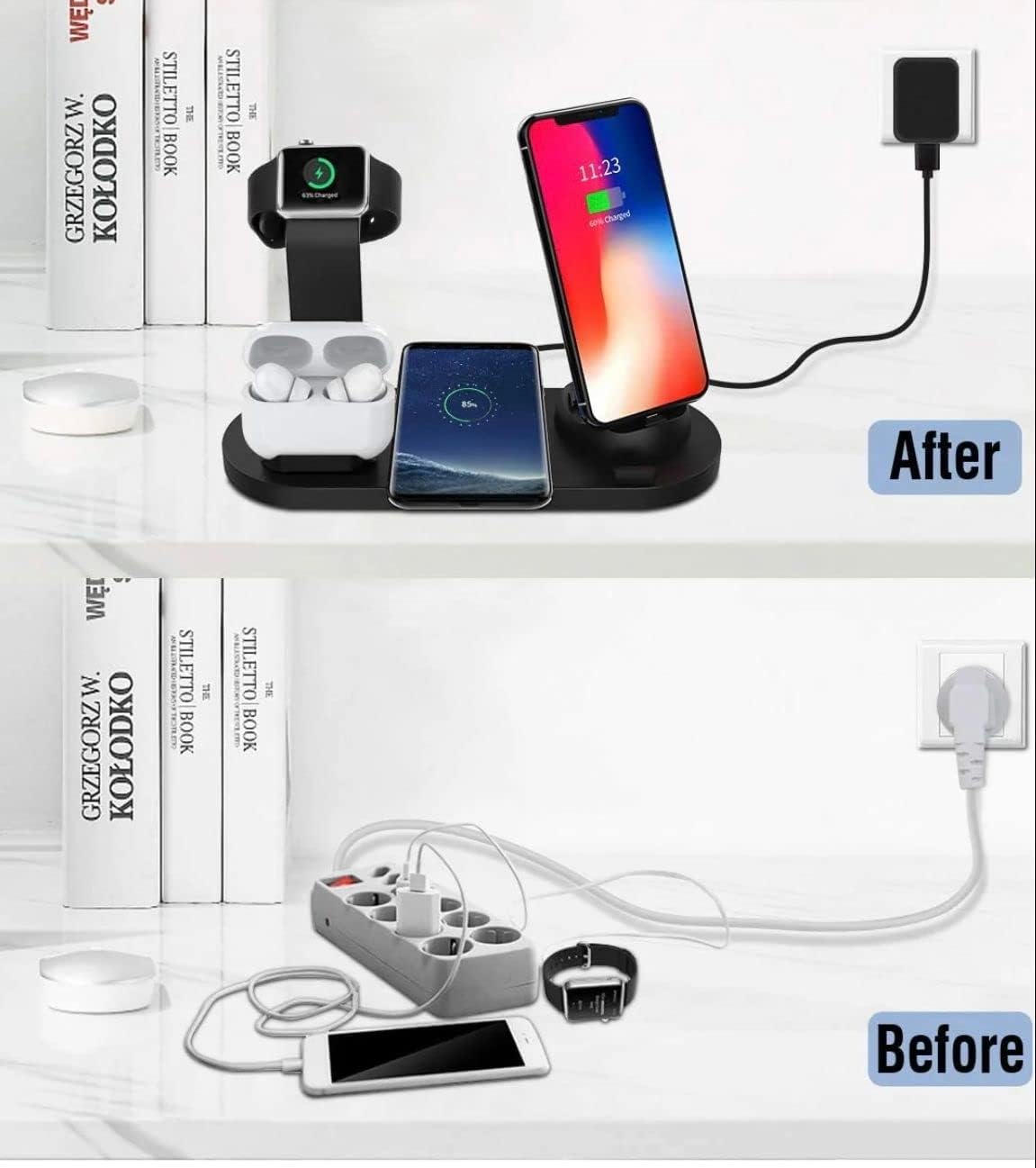 Cargador inalámbrico 4 en 1 Cargadores multifunción 15w Fast 6 en 1 Base de carga para AirPods Watch Phone iPhone 14131211propro maxXXmax (negro)