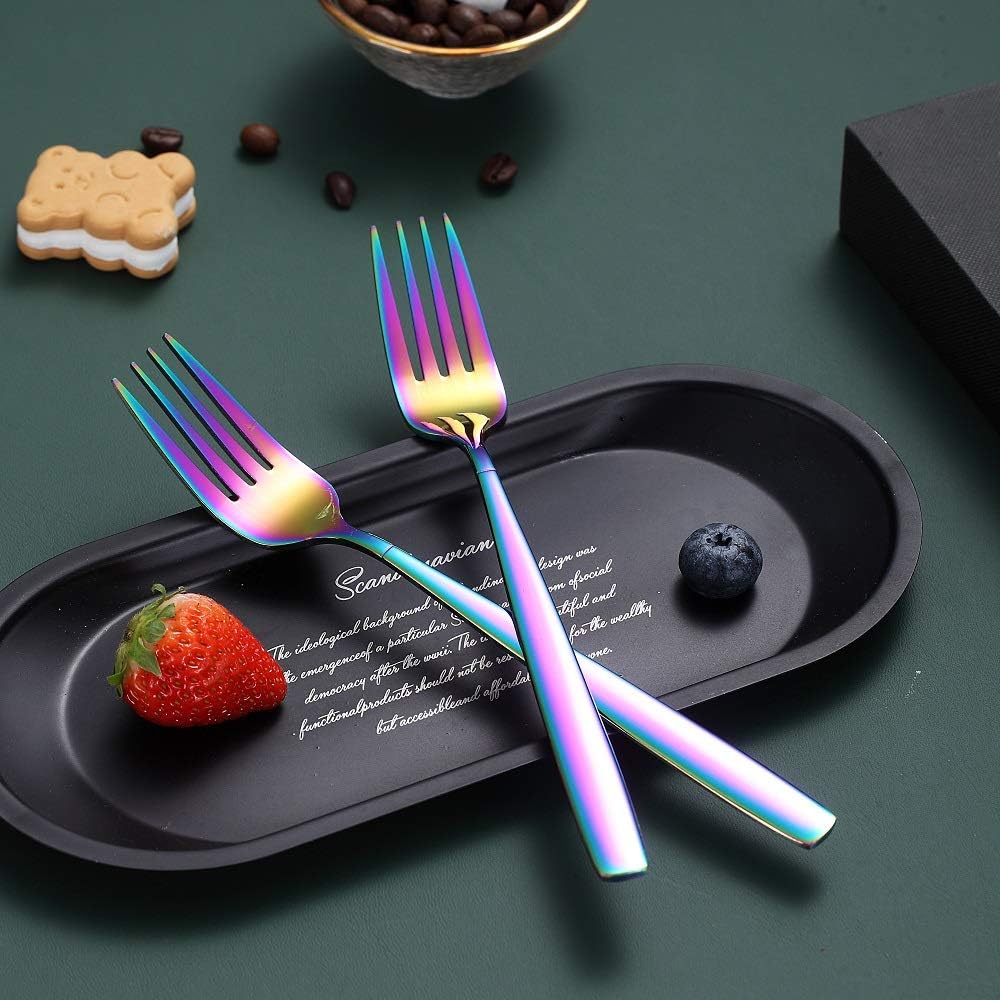 HOMQUEN – Juego de 4 tenedores de cena Rainbow de acero inoxidable resistente de 7.8 pulgadas, diseño moderno, tenedor de mesa chapado de titanio,