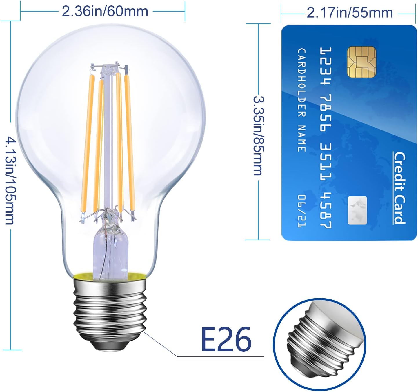 Energetic Bombillas LED de filamento regulables, 8 W, equivalente a 60 W, blanco cálido 3000 K, vidrio transparente clásico, bombilla LED A19,