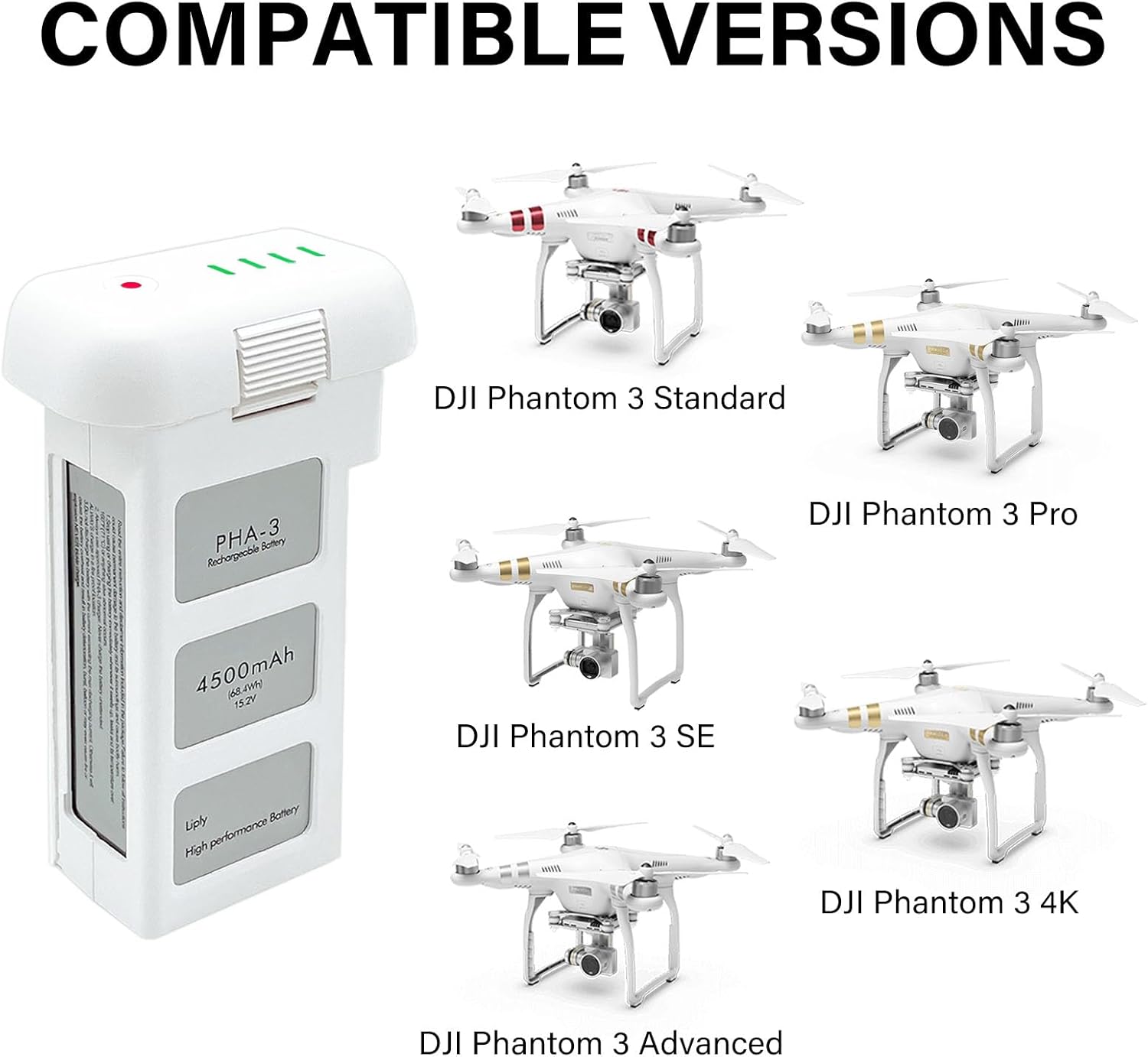 Phantom 3 Batería, 4500mAh 15.2V batería de vuelo inteligente mejorada para DJI Phantom 3 Standard3 Pro3 Advanced3 4K3 SE Drone