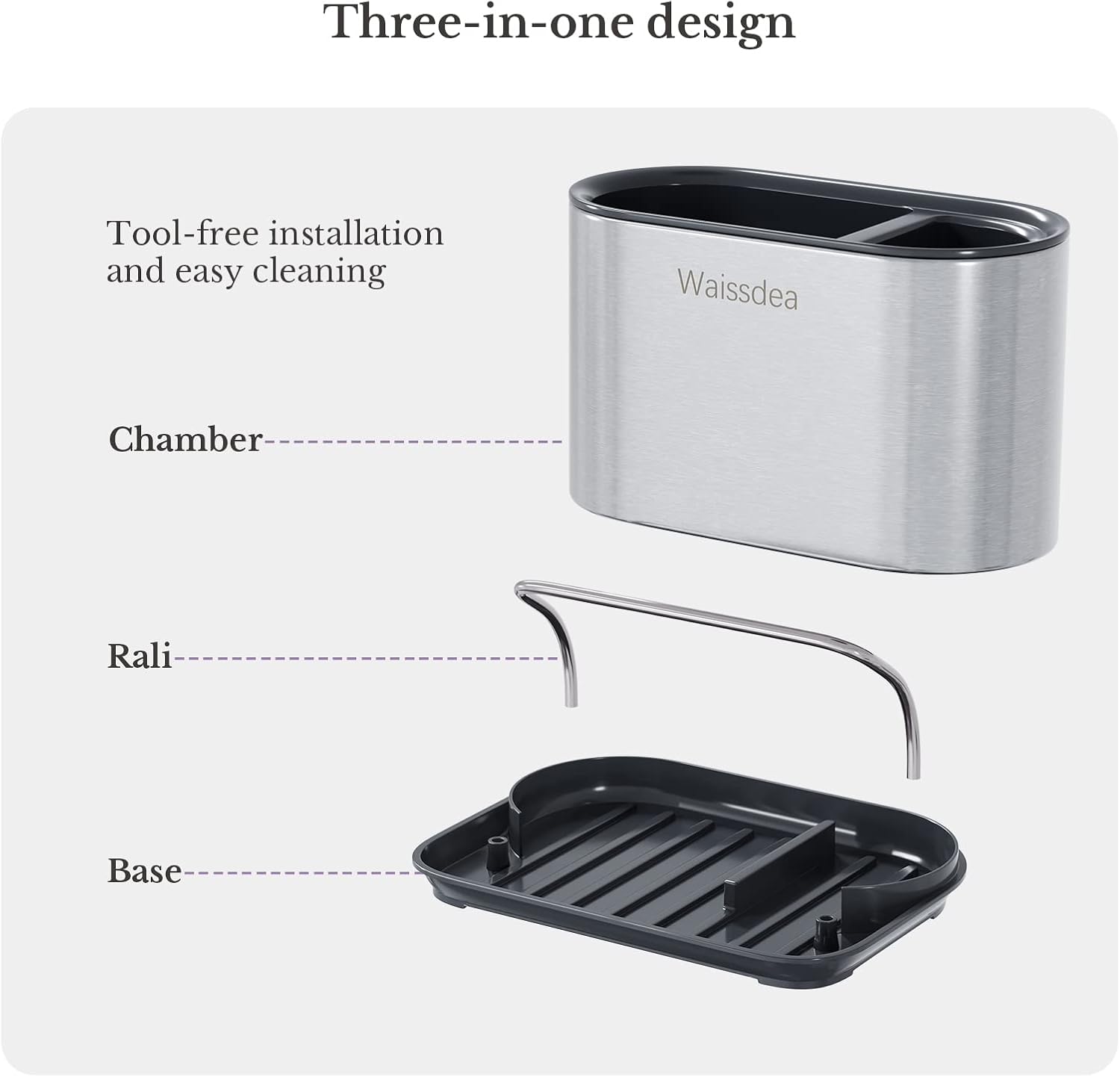 Dispensador de jabón para fregadero de cocina, organizador de fregadero de cocina, soporte de esponja de acero inoxidable, fácil de limpiar, bandeja
