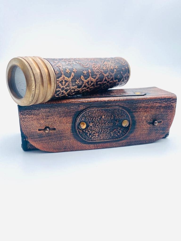 Custom Vintage Replicaz Caleidoscopio de latón antiguo con cubierta de cuero y caja, hecho a mano, aspecto vintage, acabado antiguo, lente de