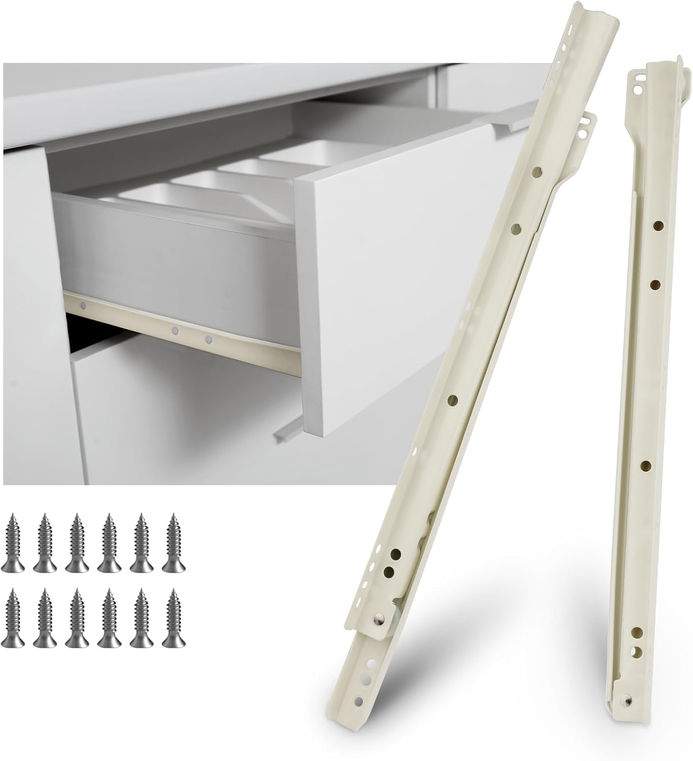 LONTAN Diapositivas para cajones de montaje inferior de 12 pulgadas, estilo europeo, rieles de cajón blancos, correderas de cajón de montaje