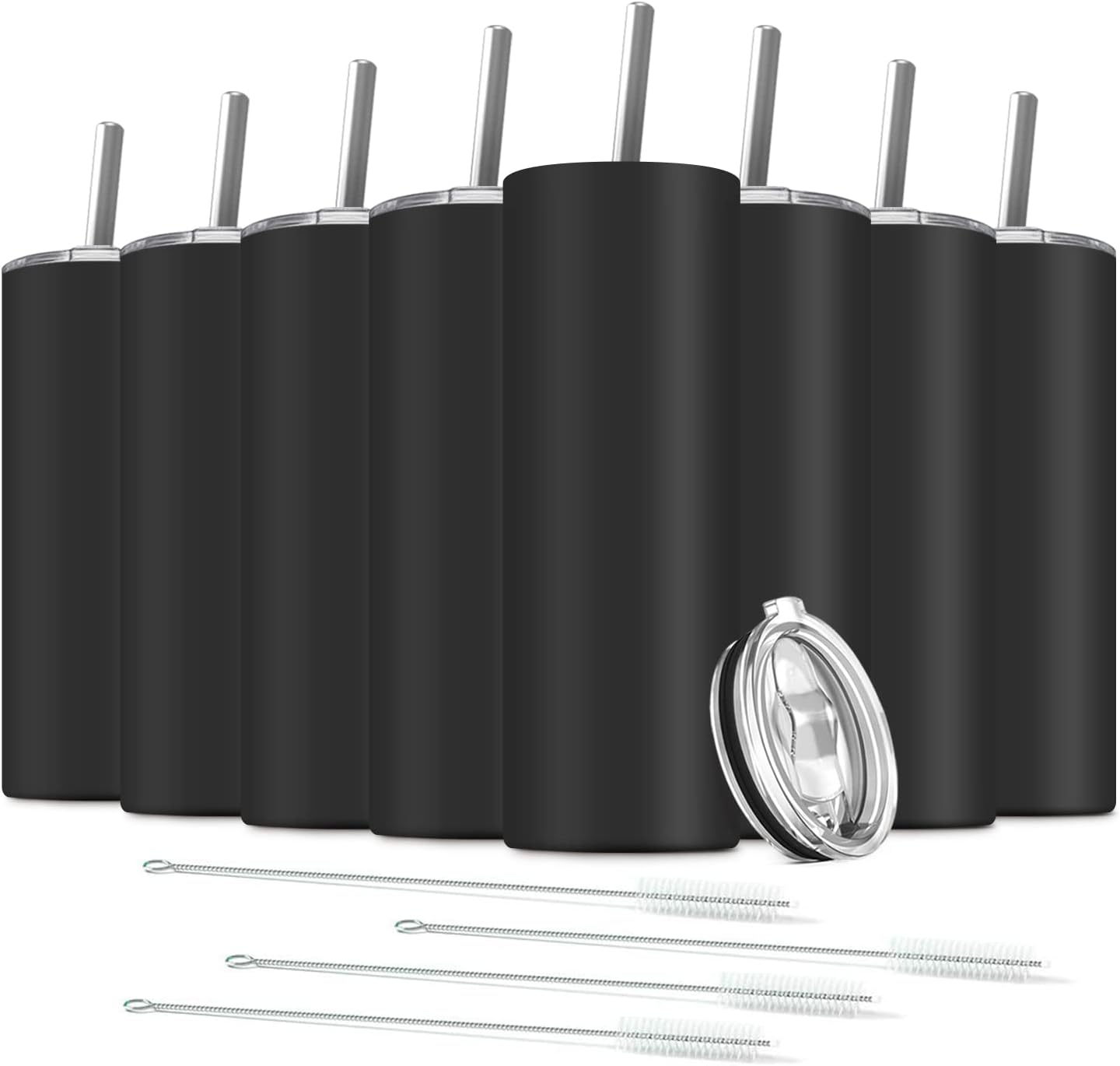 Deitybless Paquete de 8 vasos delgados de acero inoxidable, vaso de agua de doble aislamiento de 20 onzas con 8 popotes y 4 cepillos, taza de viaje