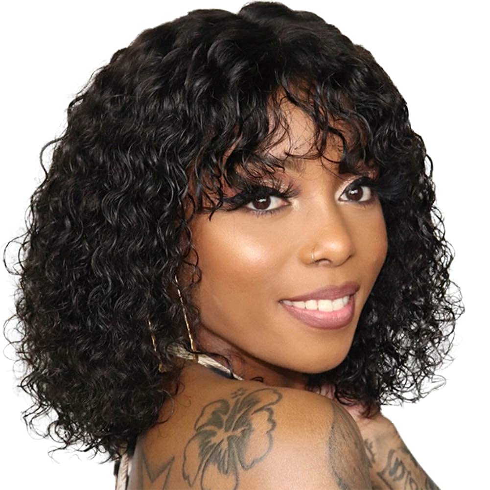 Peluca de cabello humano virgen rizado con flequillo de 150 % de densidad, grado 10A, para mujeres negras, peluca de cabello humano rizado con