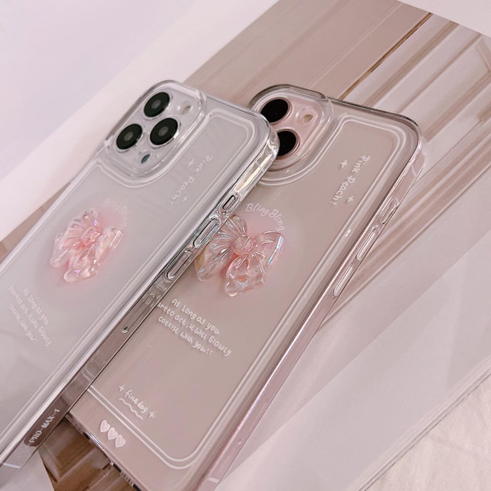 Casechics Funda compatible con iPhone, bonita funda de cristal 3D con lazo y purpurina brillante para el lente de la cámara, transparente, suave, a