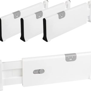 Paquete de 4 separadores de cajones, organizadores de cajones de plástico ajustables y expandibles, con resorte, funciona en organizador de Paquete de 4 separadores de cajones, organizadores de cajones de plástico ajustables y expandibles, con resorte, funciona en organizador de