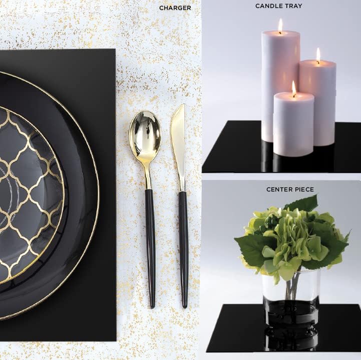 LUXE PARTY Paquete de 12 placas de carga de espejo cuadrado  Ligero  Vajilla decorativa  Cena  Boda  Eventos  Configuración de mesa  Negro