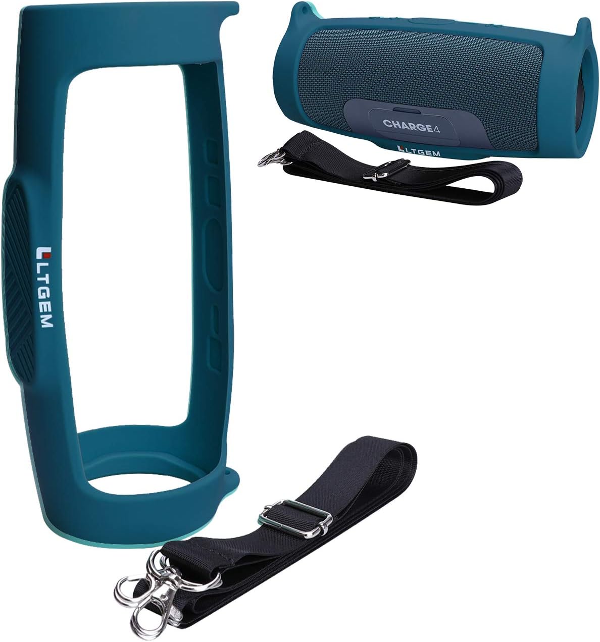 LTGEM Funda de silicona para altavoz JBL Charge 4, funda protectora de viaje de gel suave, bolsa de goma impermeable con correa para el hombro (azul)