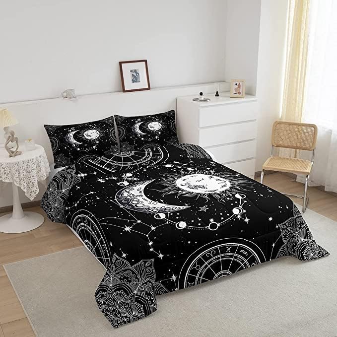 Juego de ropa de cama con sol y luna, constelación de galaxia, para niños, niñas, adolescentes, edredón psicodélico bohemio con mandala, juego de