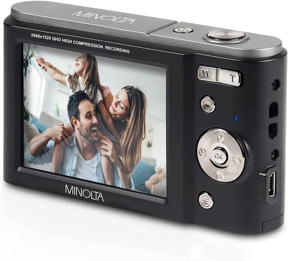 Minolta MND20-BK – Cámara digital Ultra HD de 44 MP 2.7K, paquete negro con tarjeta de memoria Lexar UHS-I SDHC de 32 GB, funda para cámara Deco