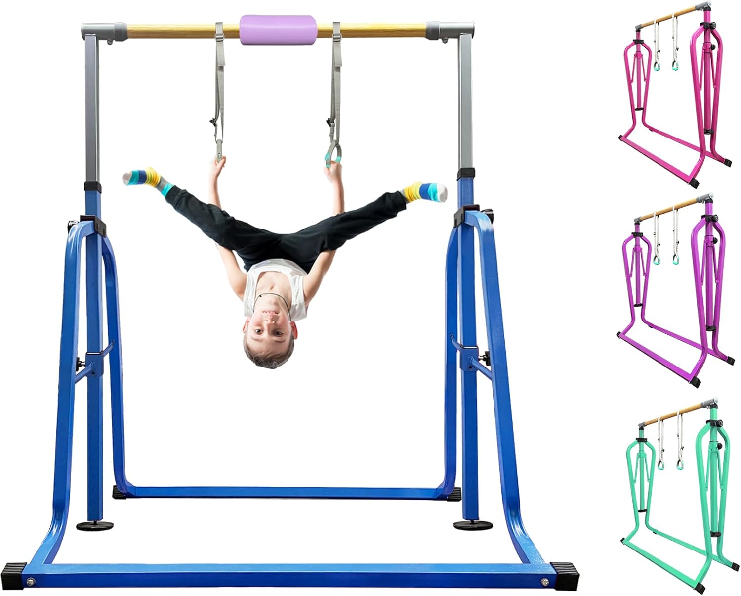 Barra horizontal de gimnasia plegable y móvil con anillos, barra de kip junior expandible de altura ajustable de 3 a 5 pies para el hogar, equipo de
