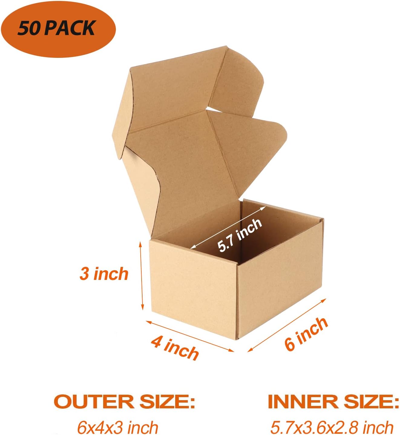 PHAREGE Paquete de 50 cajas de envío de 6 x 4 x 3 pulgadas, cajas de regalo de cartón marrón con tapas para envolver regalos para mujeres y hombres,