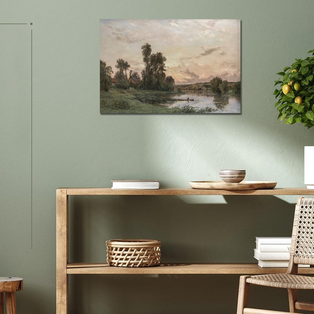 Pintura de paisaje vintage, arte de pared, decoración de habitación, impresionismo, pintura de paisaje tradicional, granja, lienzo, arte de paisaje