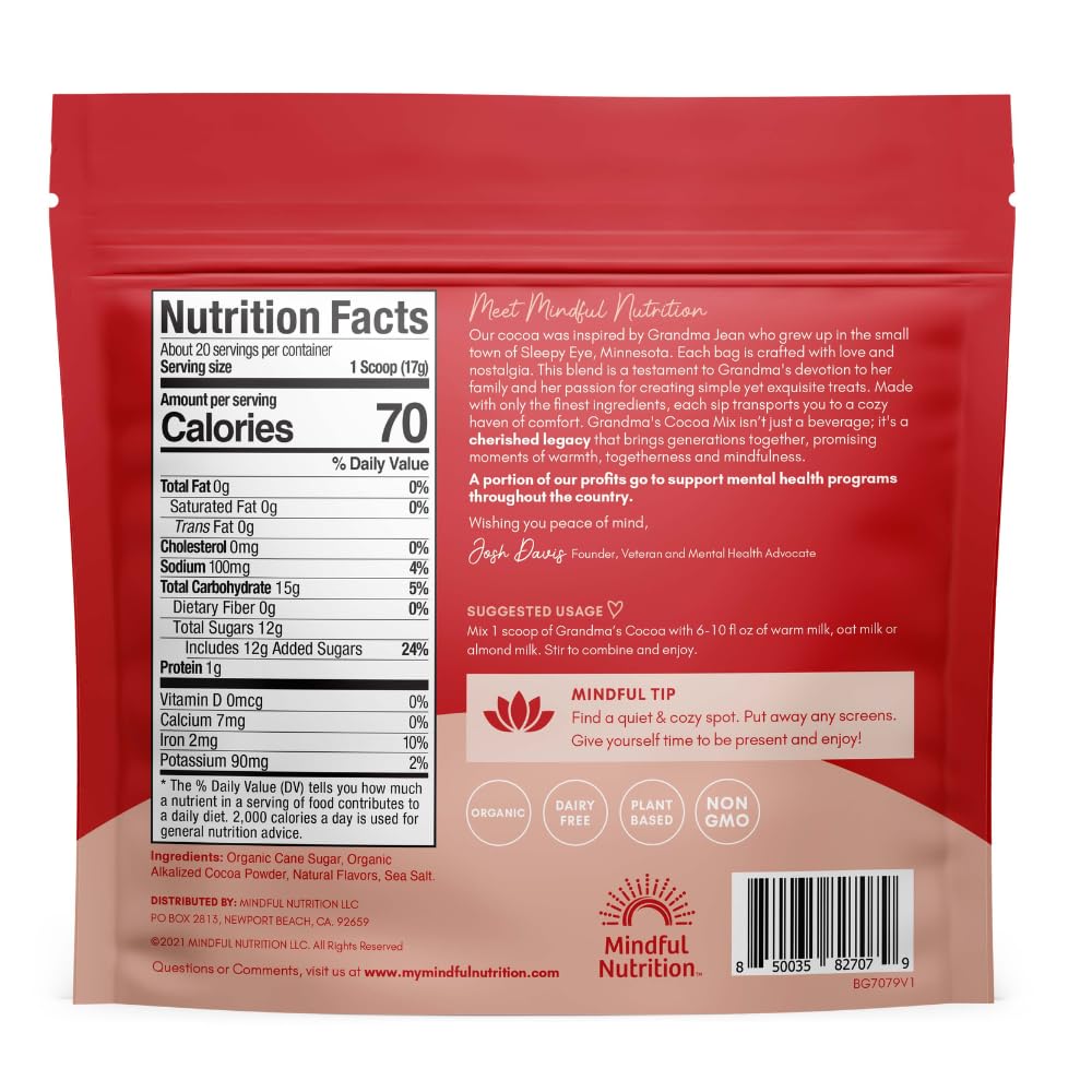 Mindful Nutrition Grandmas Organic Hot Chocolate Mix I Mezcla de cacao caliente sin lácteos, mezcla de chocolate caliente a base de plantas, leche