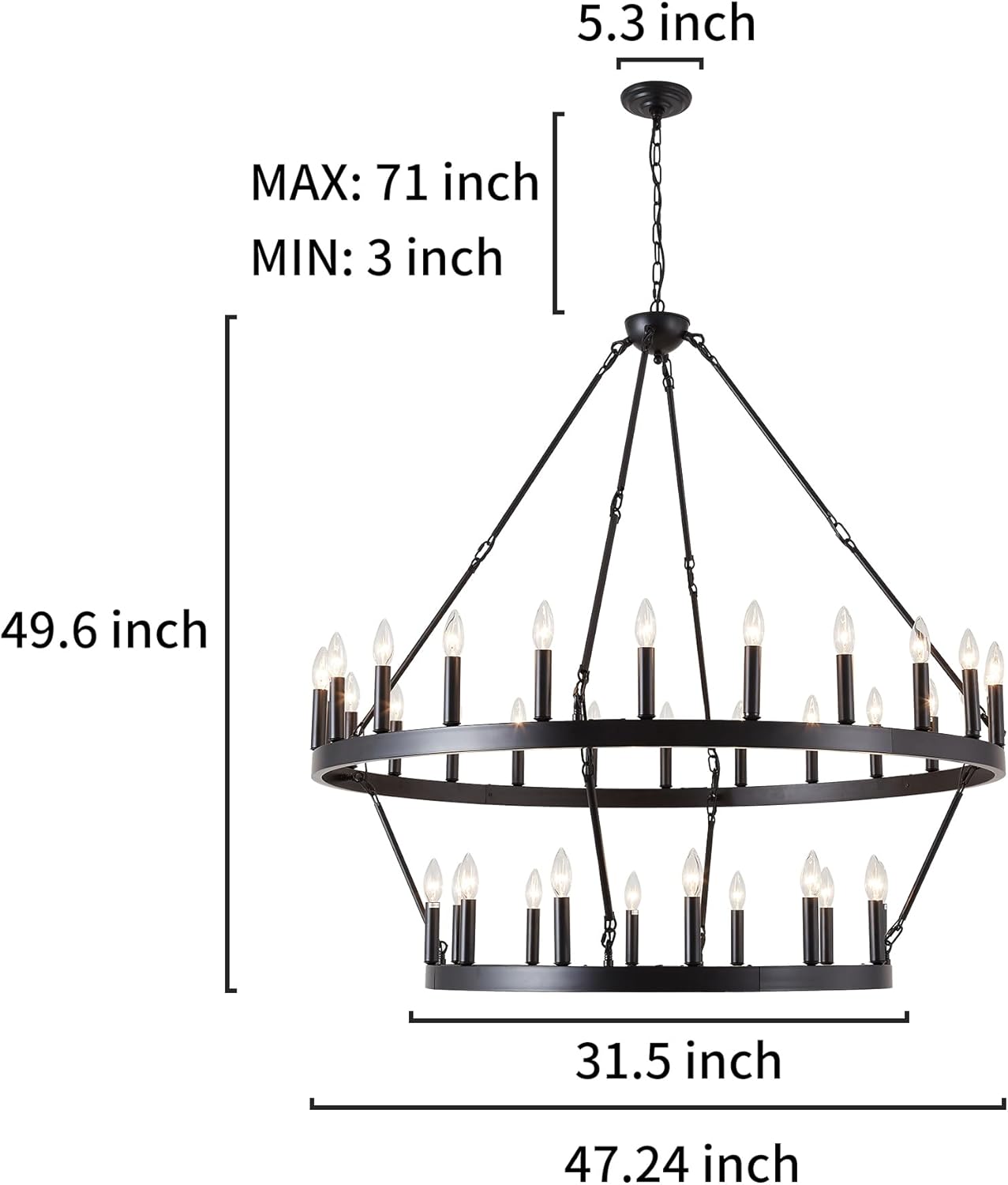 XILICON Candelabro negro con rueda de carro, lámpara de 2 niveles y 36 luces de granja, lámpara colgante de techo para cocina, comedor, entrada