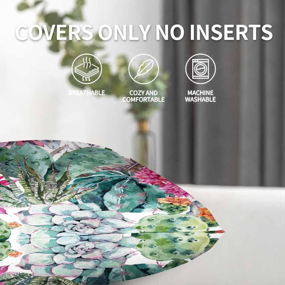 Beabes Fundas de almohada bohemias en acuarela, cactus, flores, ramitas, plumas, flechas, hojas verdes, fundas de almohada decorativas, 2 juegos