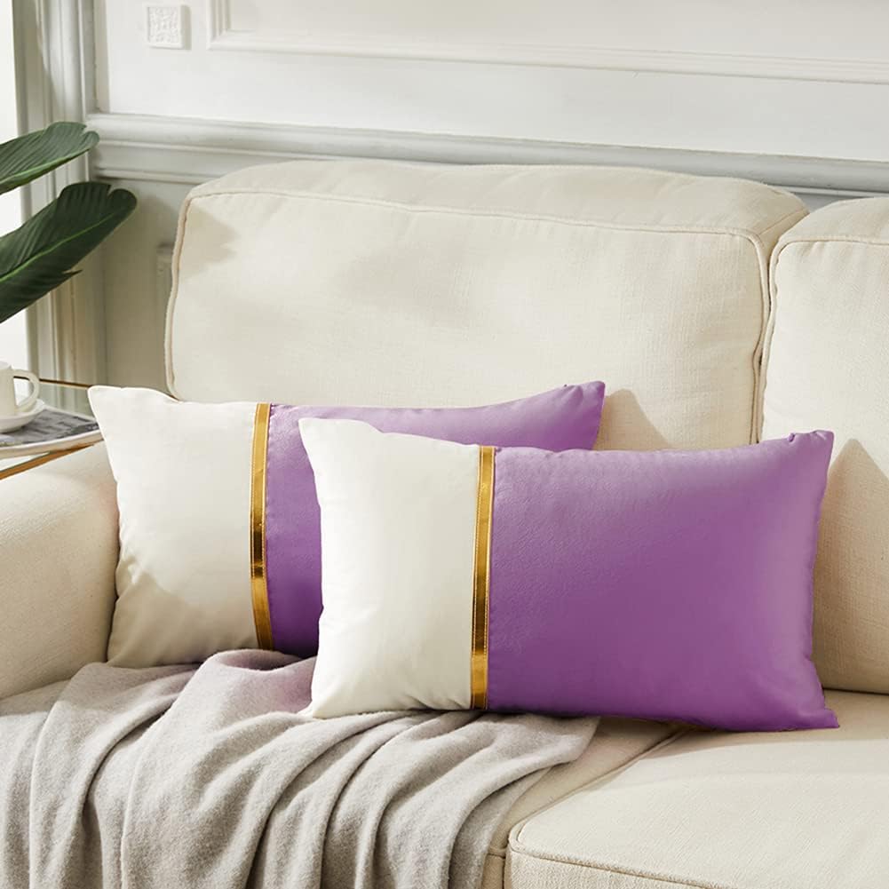 Fancy Homi 2 paquetes de fundas de almohada decorativas de 12 x 20 pulgadas para sofá cama de sala, retazos de terciopelo morado y blanco con cuero