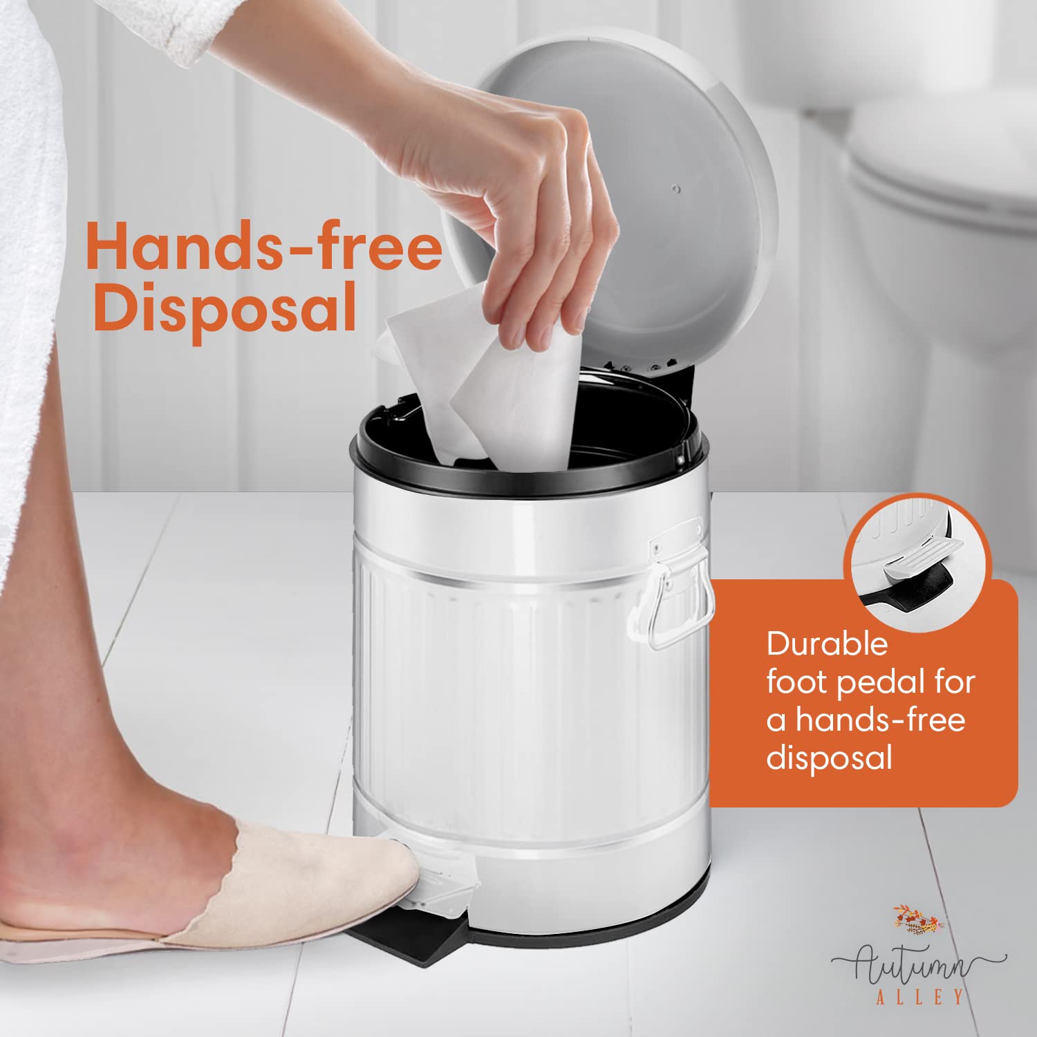 Autumn Alley, Farmhouse – Basurero de baño blanco con tapa y pedal, cubo de basura blanco para baño rústico, cubo de basura de cocina de granja,