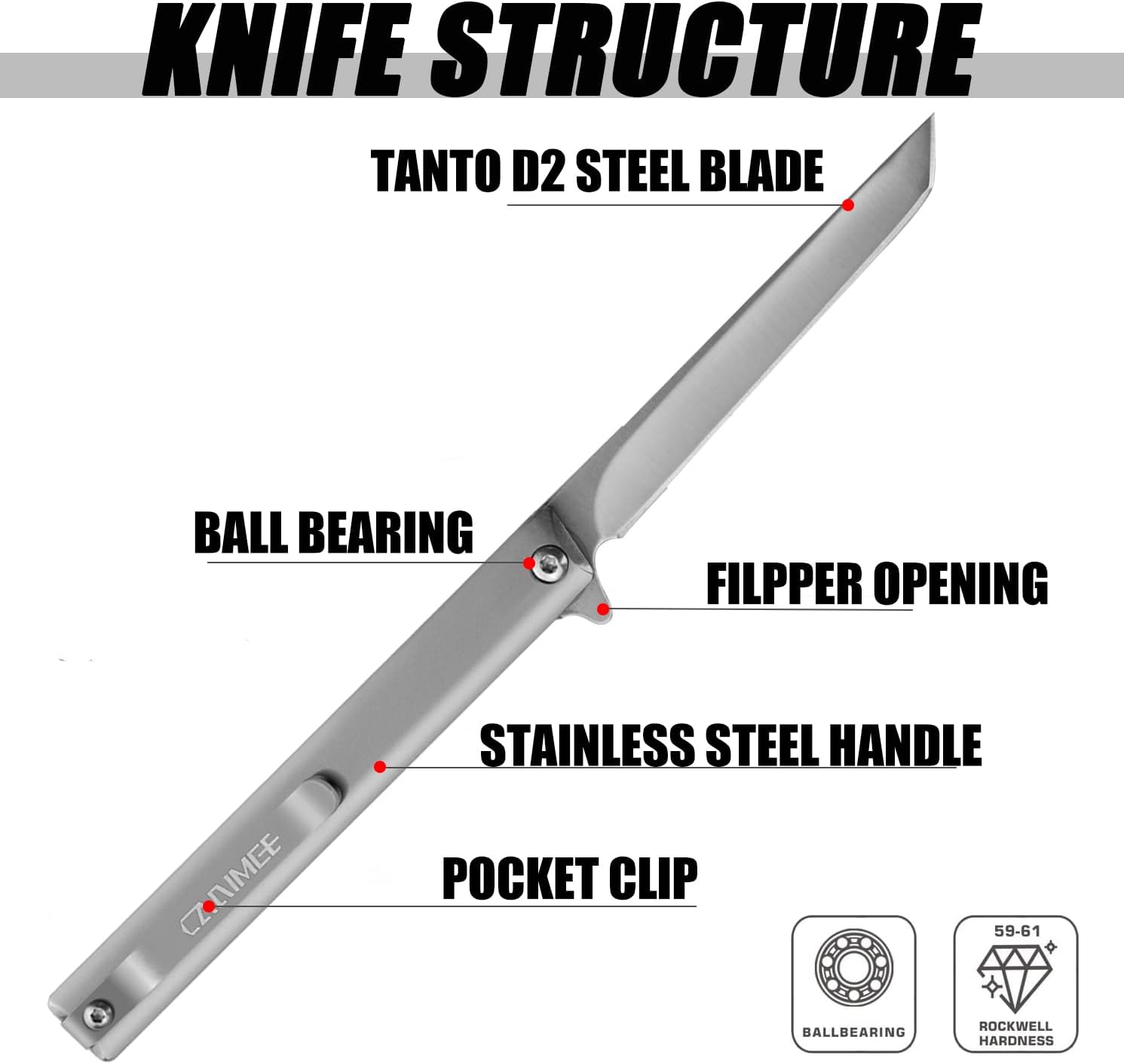 Carimee Cuchillo plegable de bolsillo, hoja de acero D2, clip de bolsillo, funda de cuero, cuchillo delgado EDC para caballero para acampar al aire