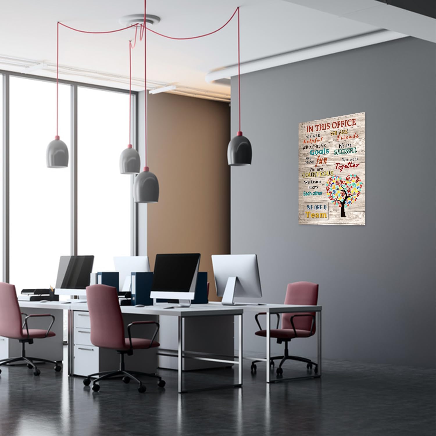 WHAOMIOT Póster inspirador para pared, decoración de pared positiva de oficina, lienzo impreso con texto en inglés In This Office We Are A Team, las