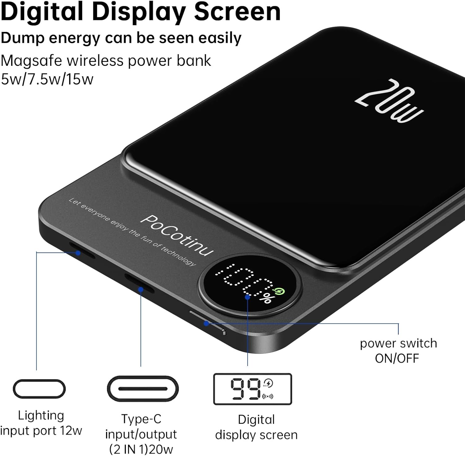 Banco de energía magnético de 5000 mAh, batería inalámbrica de 20 W, carga rápida compatible con Mag-Safe, cuerpo de metal, cargador portátil ultra