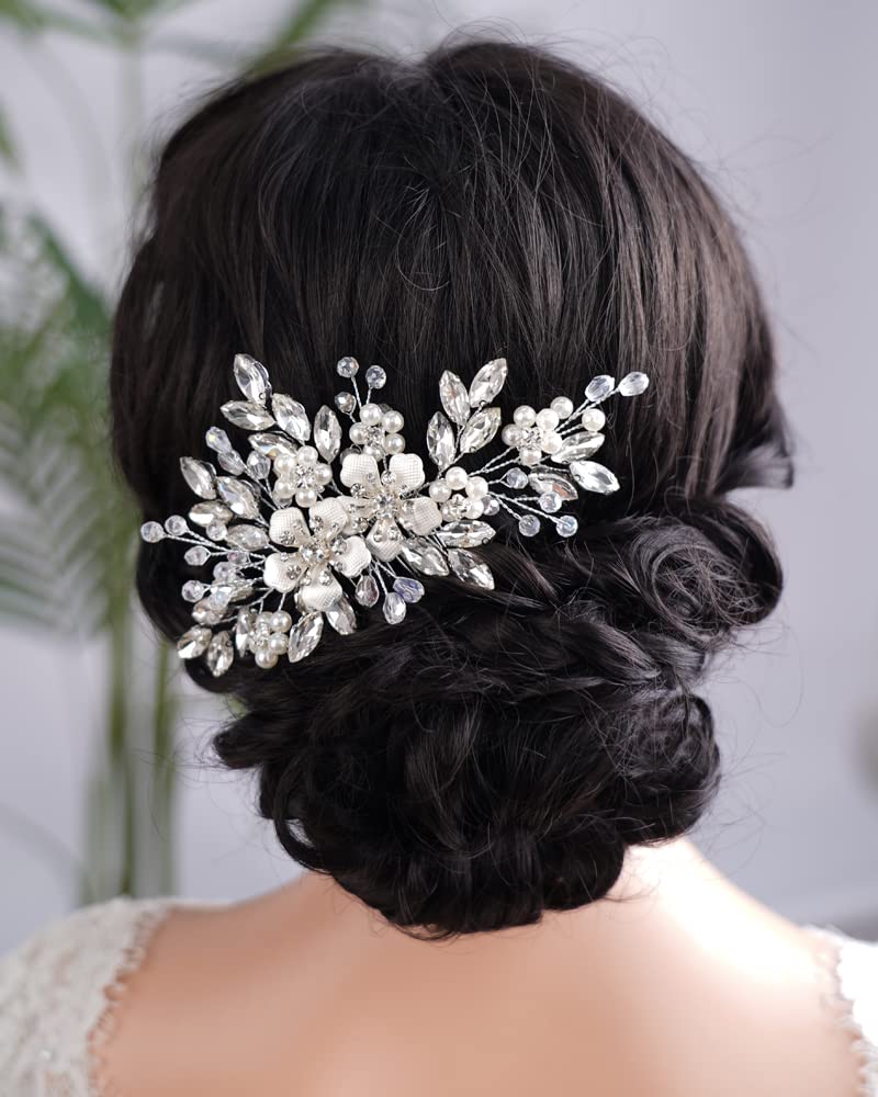 Peine de pelo con diamantes de imitación de cristal negro con flores plateadas, perlas, lágrima y diamantes de imitación, diadema de boda, perlas,