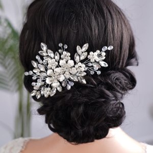 Peine de pelo con diamantes de imitación de cristal negro con flores plateadas, perlas, lágrima y diamantes de imitación, diadema de boda, perlas, Peine de pelo con diamantes de imitación de cristal negro con flores plateadas, perlas, lágrima y diamantes de imitación, diadema de boda, perlas,