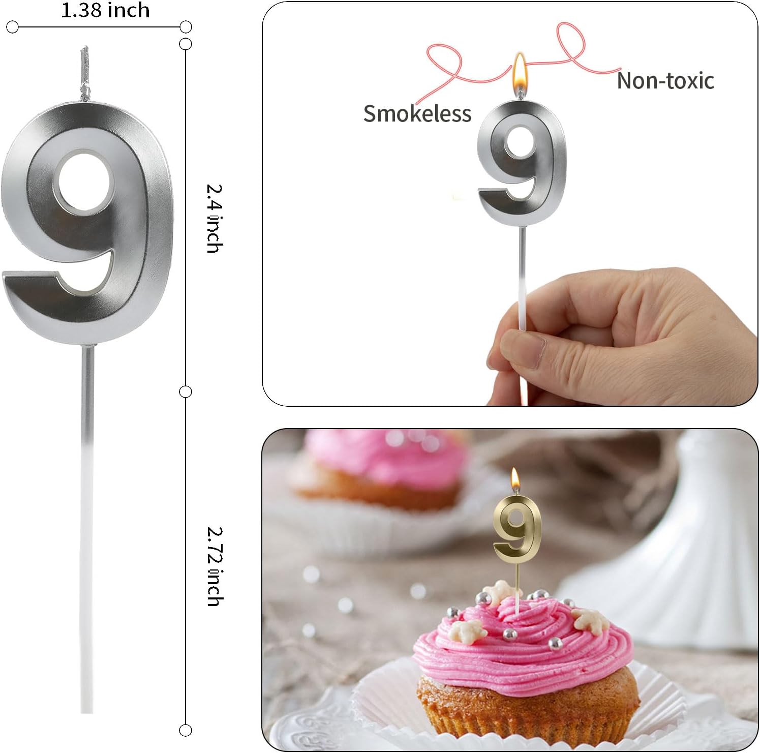 Vela de cumpleaños de plata con el número 9 para pastel, vela de cumpleaños, vela número 9, velas de número 9, diseño 3D, para cumpleaños, boda,
