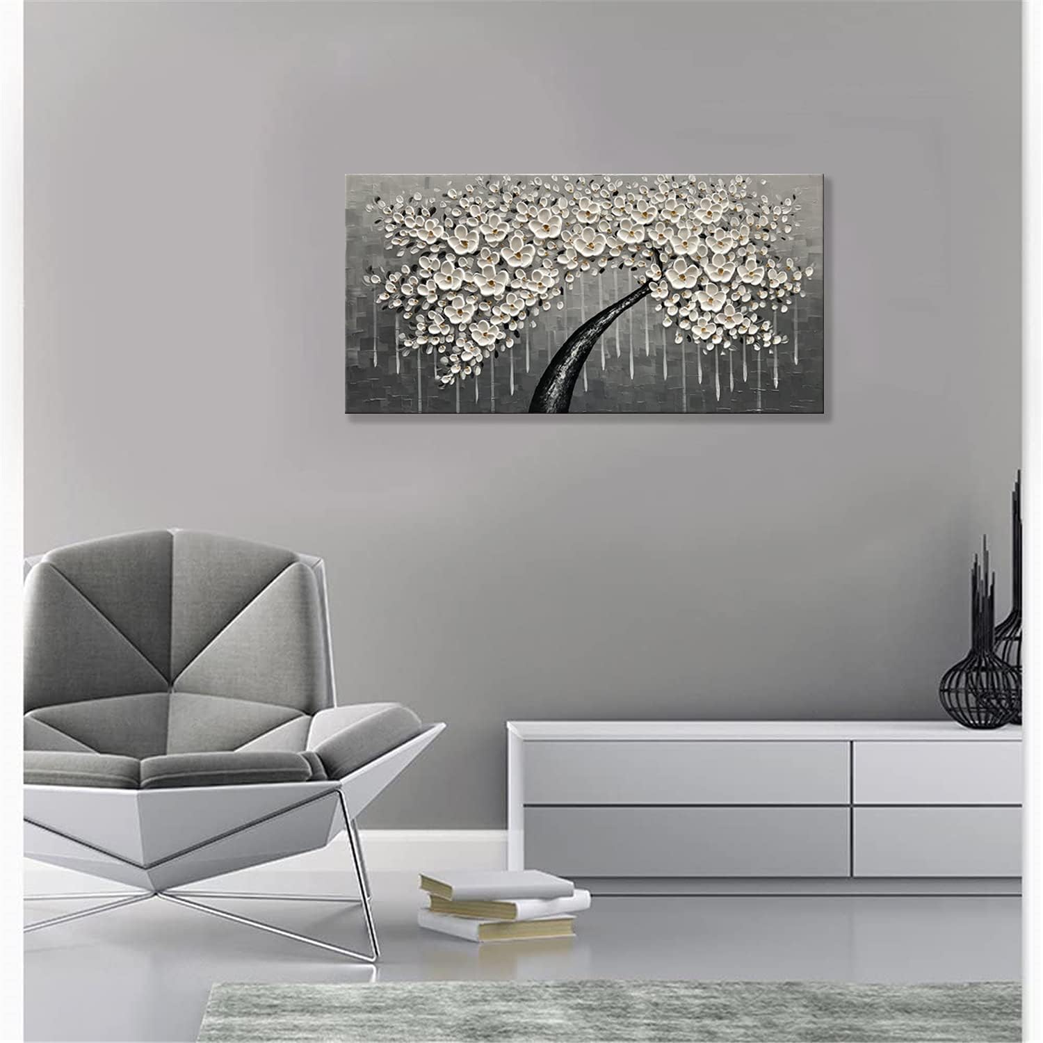 zoinart 100% pintado a mano abstracto moderno lienzo de flores pinturas de pared de 20 x 40 pulgadas, pintura al óleo floral blanca en 3D sobre