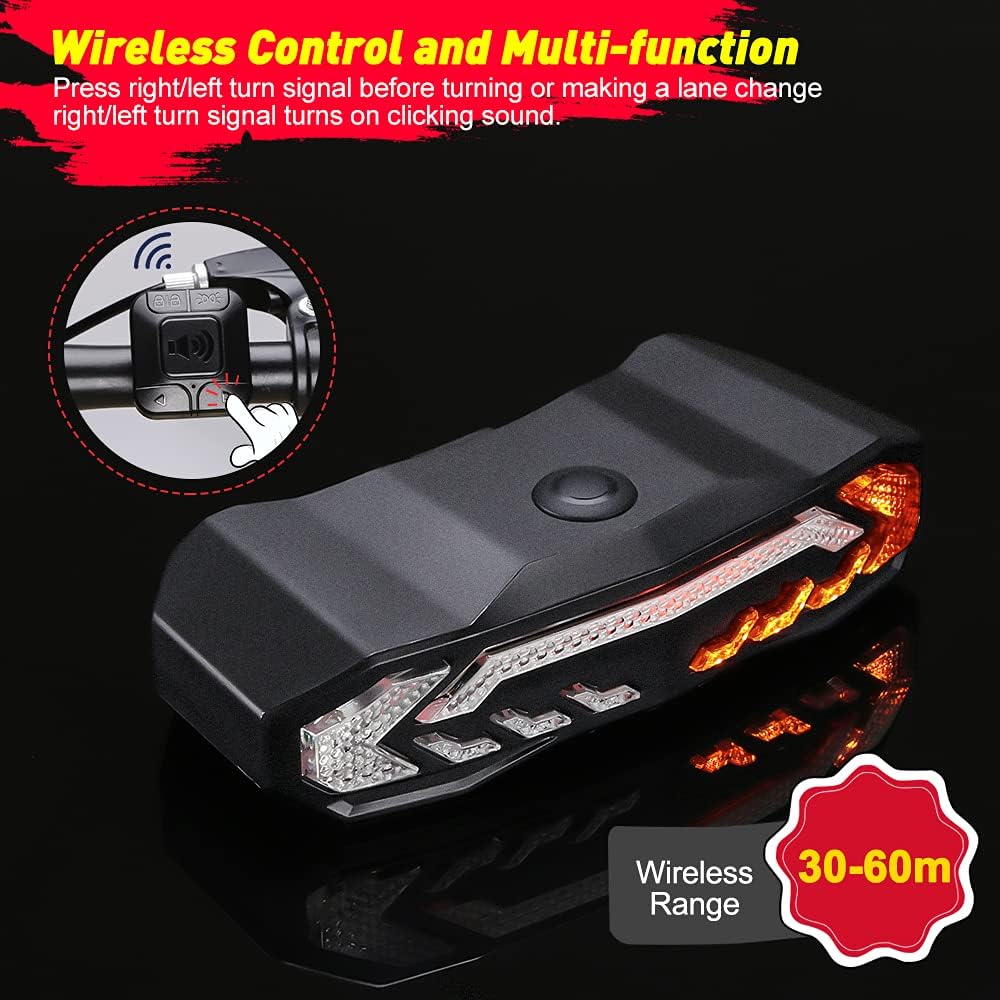 ONVIAN Luz trasera inteligente para bicicleta con señales de giro, alarma de bicicleta con mando a distancia, luz trasera recargable, luces de