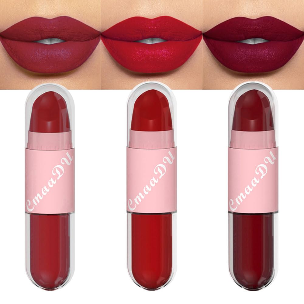evpct Lápiz labial mate 2 en 1 y larga duración, a prueba de manchas, brillo de labios, juego de 3 piezas para mujer, color rojo rubí oscuro, beige,