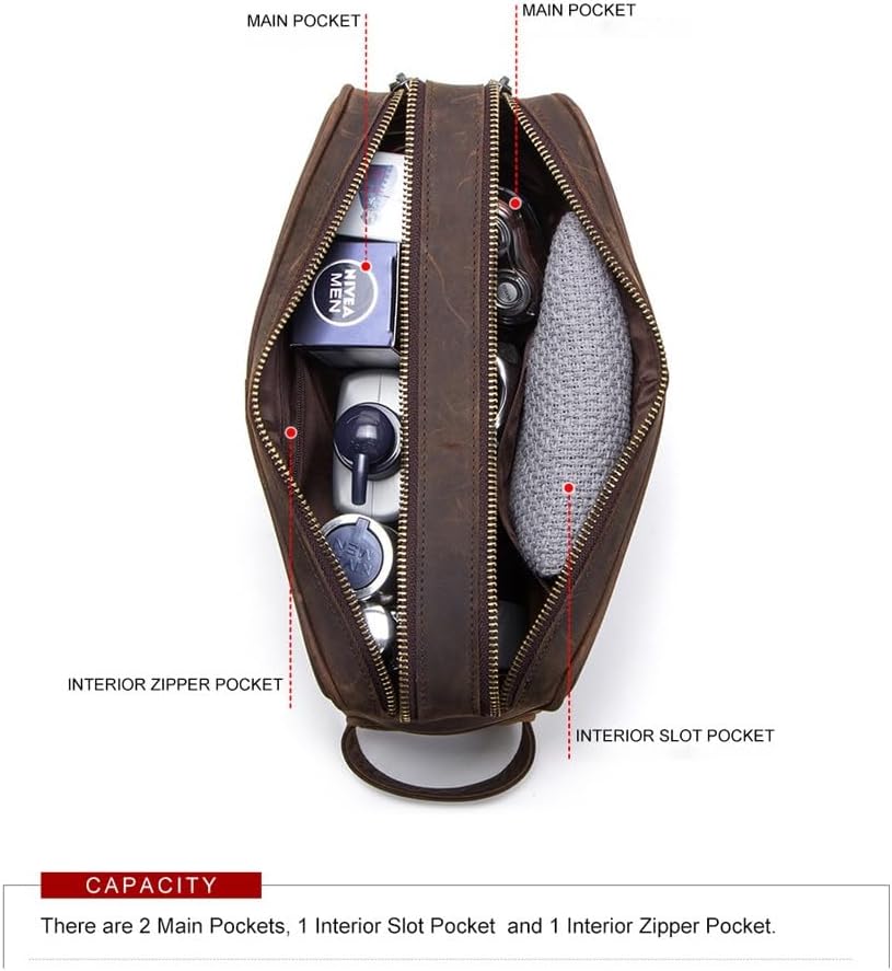 YIORYO Neceser para hombre, bolsa de afeitado de cuero para hombres, bolsa de aseo de cuero para hombre, kit de cuero Dopp para hombres, bolsa de