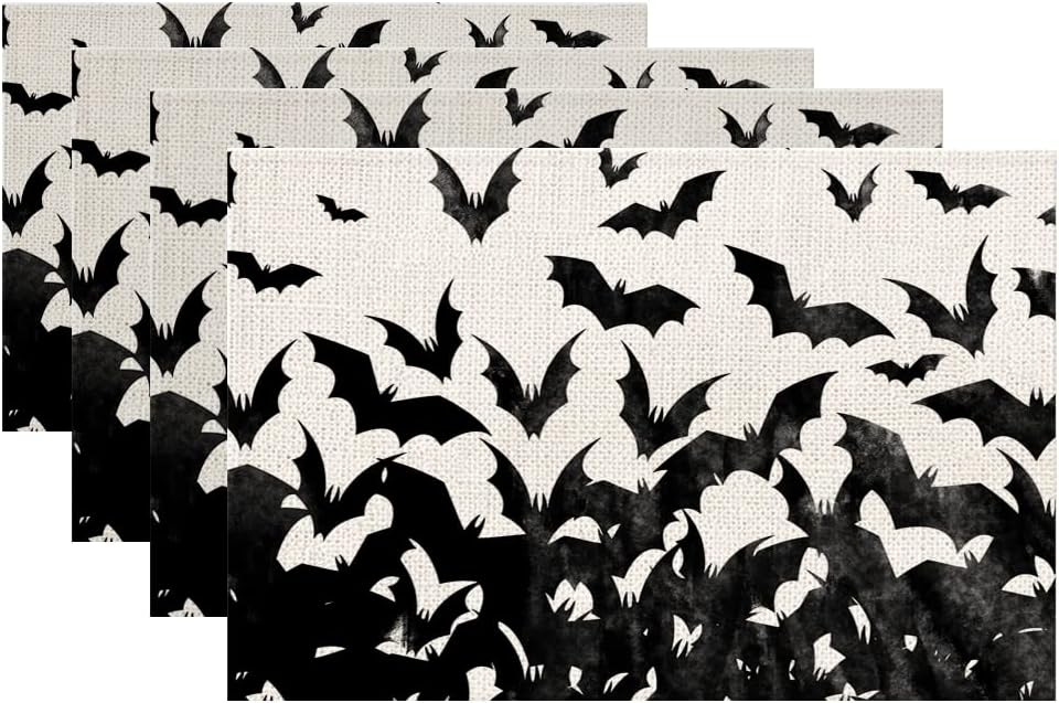 ARKENY Juego de 4 manteles individuales de Halloween de 12 x 18 pulgadas, diseño de murciélago negro de temporada para interiores, cocina, comedor,